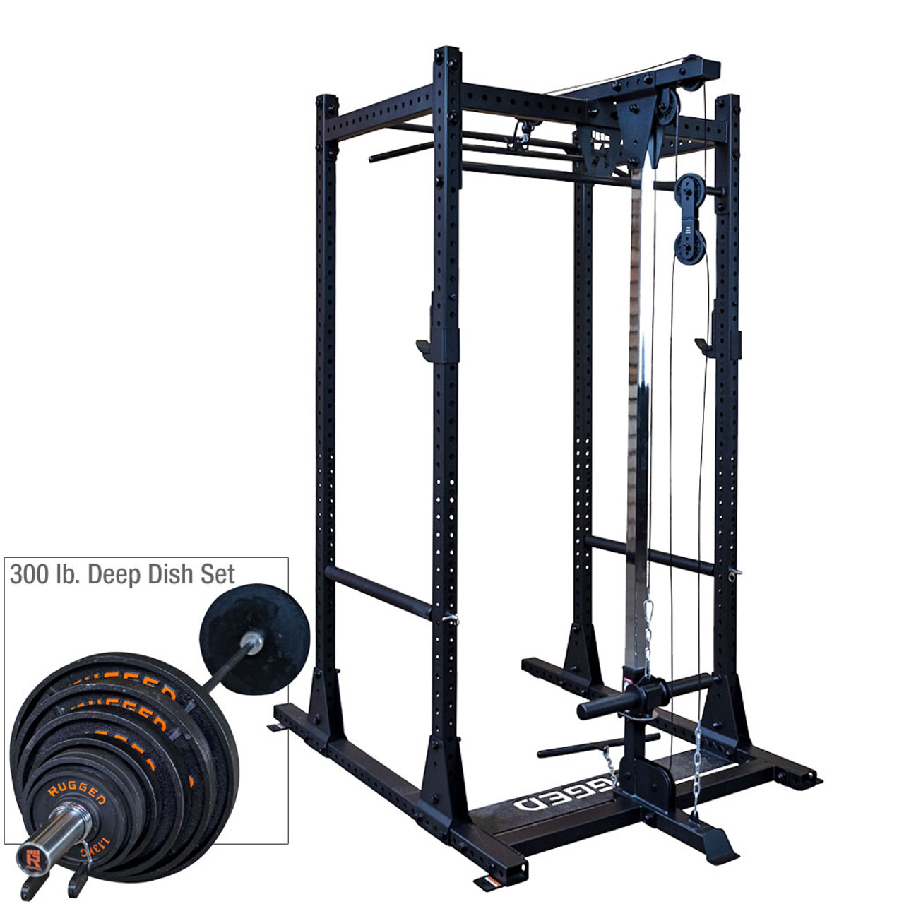 Rugged Power Rack with Lat and 300 lb. Deep Dish Olympic Set