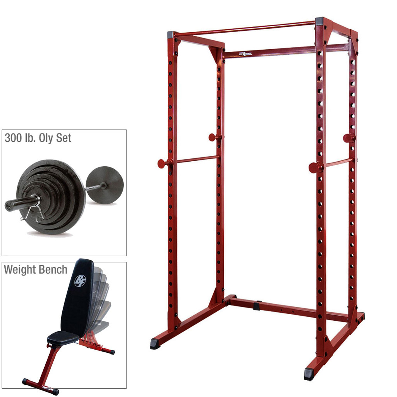 Best Fitness Power Rack with Folding Bench and 300 lb. Weight Set with Barbell