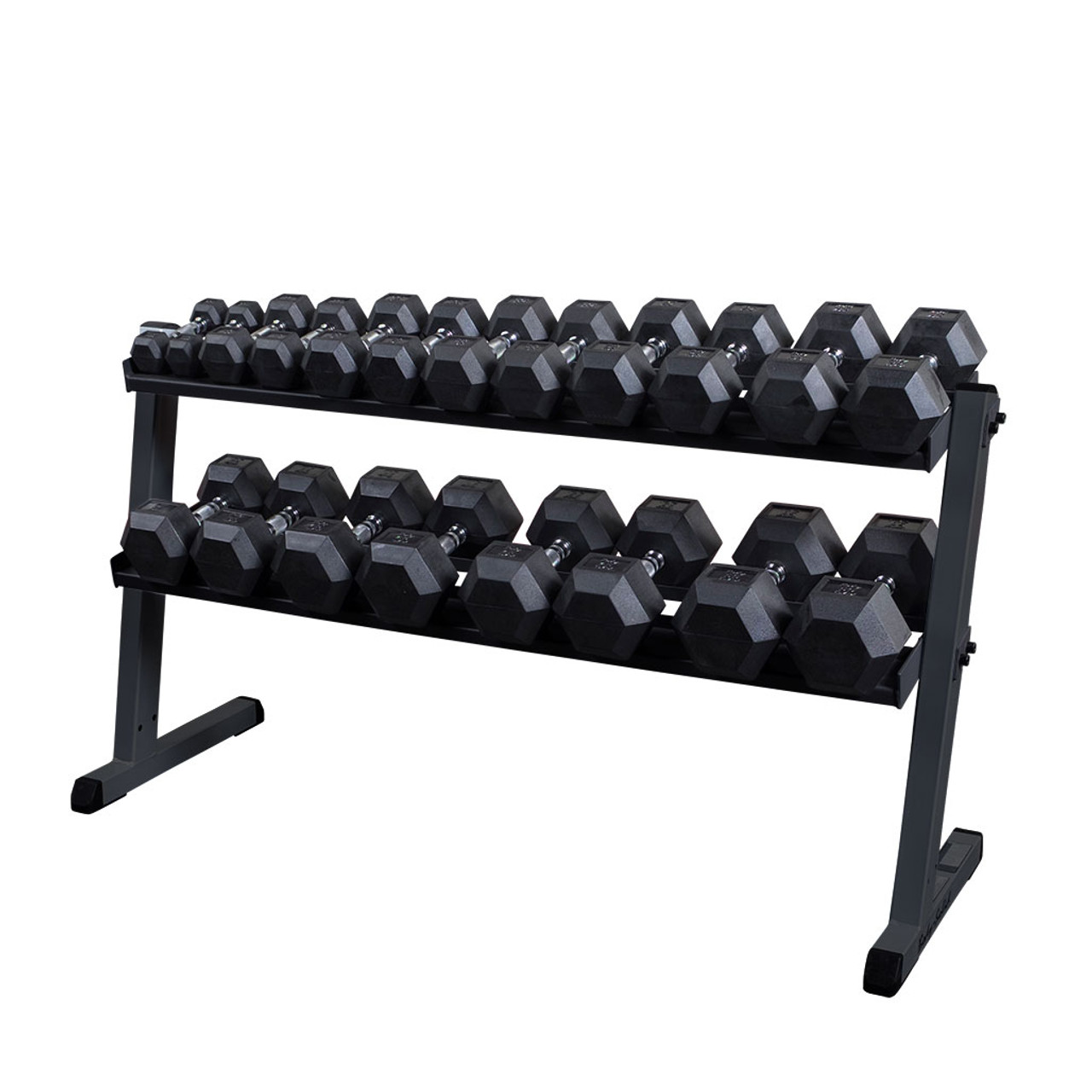 Body Solid 5 50 lb. Rubber Dumbbell Set with GDR60 Commercial Rack