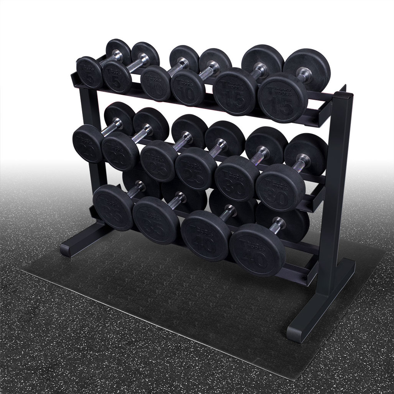 Body Solid 5 40 lb. Round Rubber Dumbbell Package with Rack GDR363 SDP