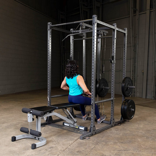 Seated Rows on the Powerline PPR1000 Power Rack Extension with optional Lat Attachment and optional bench