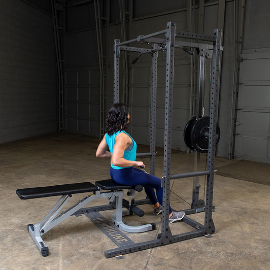 Seated Low Row on the PPR500EXT Half Rack Extension with optional Lat Attachment and optional Bench