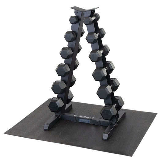 Body-Solid 5-30 lb. Rubber Hex Dumbbell Set with the GDR44 Storage Rack