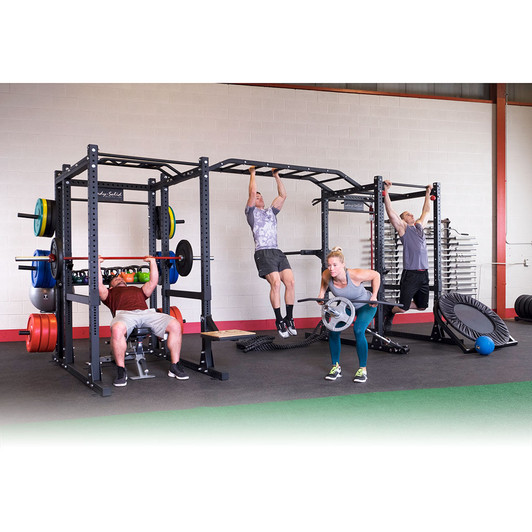 Incline Bench Press, Bent Over Rows and Pull Ups on the Body-Solid Double SPR1000DB Commercial Power Rack with optional bar, weights and SPRTB T-Bar Row