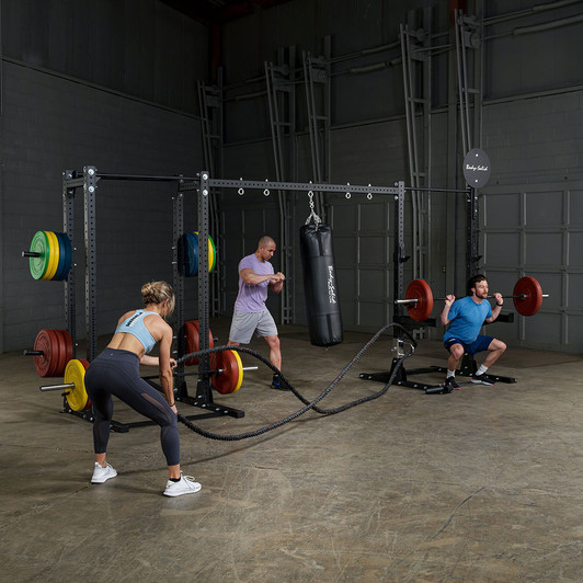 Battle Ropes, Heavy Bag Punch and Squats on the Pro ClubLine SPRACB Rack Connecting Bar