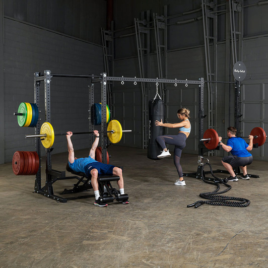 Chest Press, Heavy Bag Kicks and Squats on the Pro ClubLine SPRACB Rack Connecting Bar