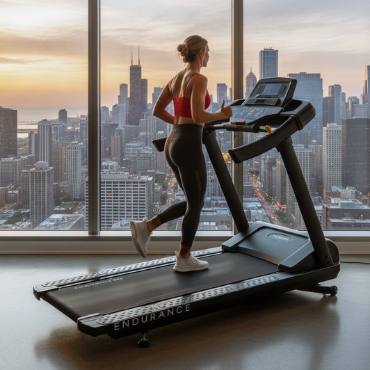 Female running on the Endurance T150, overlooking the Chicago Skyline