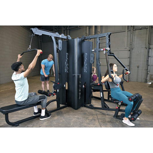 Lat Pulldown, Tricep Pulldown, Leg Press, and Seated Press on the Body-Solid Pro ClubLine S1000 Four-Stack Gym