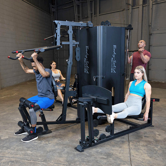 Shoulder Press, Seated Row, Leg Press and Curls on the Body-Solid Pro ClubLine S1000 Four-Stack Gym