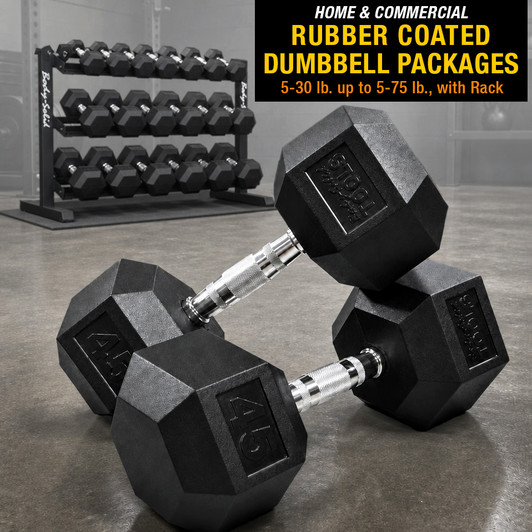 Body-Solid Rubber Coated Hex Dumbbell Packages, Shipping Included