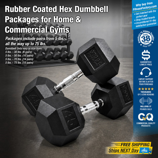 Body-Solid Rubber Coated Hex Dumbbell Packages, Shipping Included