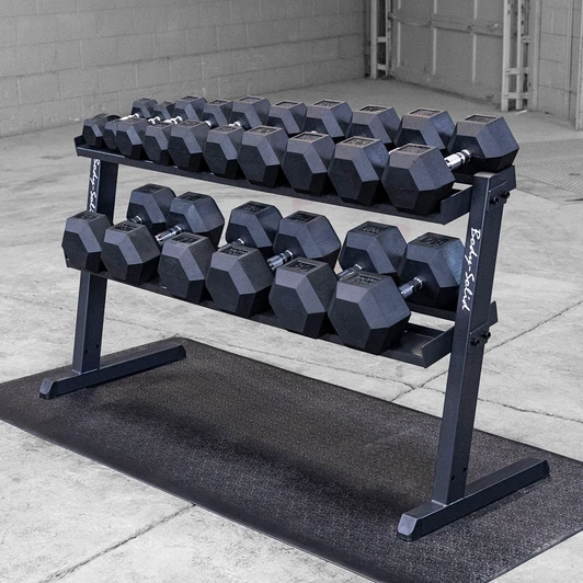 10-80 lb, Tens Only, Rubber Coated Dumbbell Package, includes Body-Solid Heavy Duty 2-Tier Storage Rack