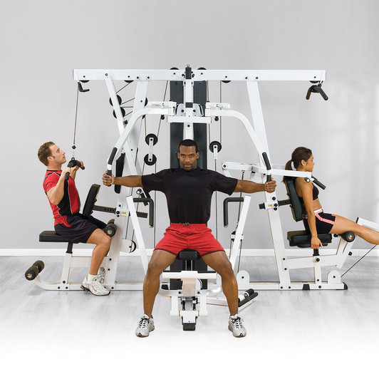 Lat Pulldowns, Fly's and Leg Extensions on the EXM4000S Ultimate Triple Stack Gym