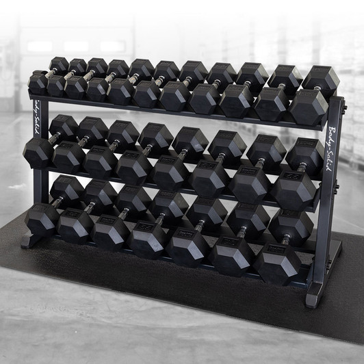 Body-Solid 5-70 lb. Rubber Coated Hex Dumbbell Set with Heavy Duty Storage Rack Body-Solid 5-70 lb. Rubber Coated Hex Dumbbell Set with Heavy Duty Storage Rack