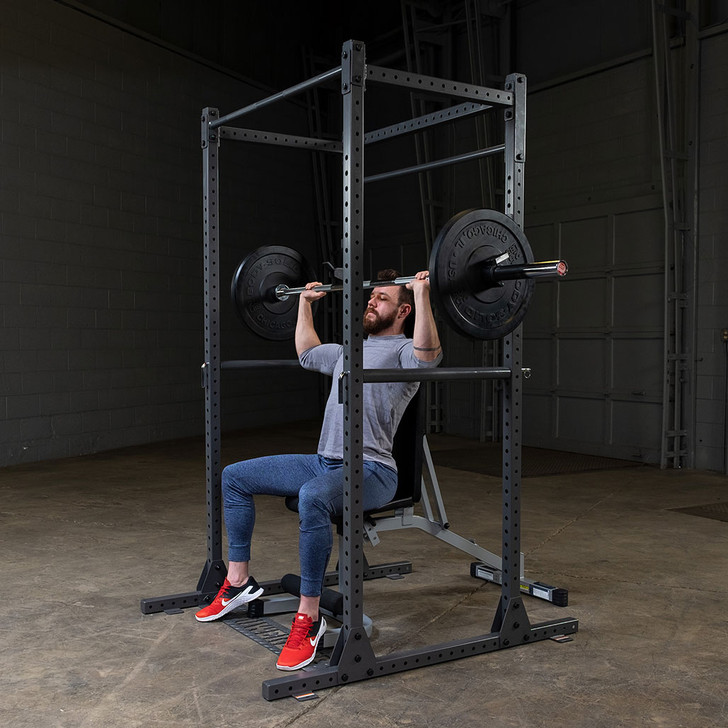 Seated Shoulder Press on the Powerline PPR1000 Power Rack with optional bench