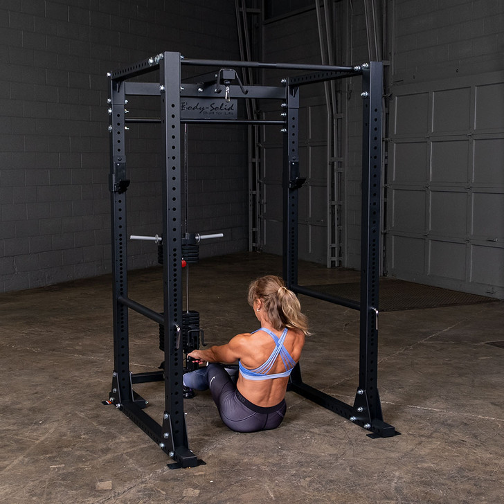 Seated Low Rows on the Body-Solid GLA400 Power Rack Lat Attachment