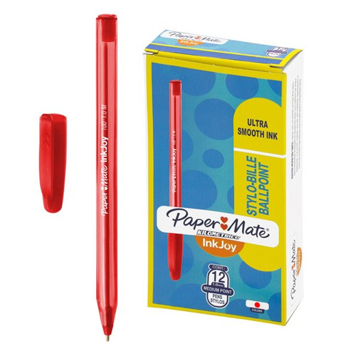 Bolígrafo Paper Mate Kilometrico, con Ink Joy, revolucionario sistema de escritura sin esfuerzo, punto medio en color rojo caja de 12 unidades.