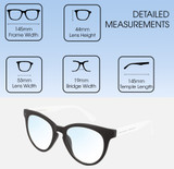 Dimensions and Measurements Illustration of Prive Revaux Julia Designer Blue Light Blocking Eyeglasses in Caviar Black Ladies Cat Eye Full Rim Acetate 53 mm
