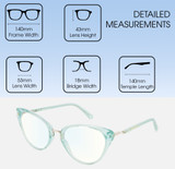 Dimensions and Measurements Illustration of Prive Revaux Modern Designer Blue Light Blocking Eyeglasses in Baby Blue Ladies Cat Eye Full Rim Acetate 53 mm