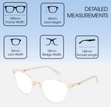 Dimensions and Measurements Illustration of Prive Revaux Modern Designer Blue Light Blocking Eyeglasses in Crystal Clear Ladies Cat Eye Full Rim Acetate 53 mm