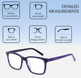 Dimensions and Measurements Illustration of Prive Revaux MVP Designer Blue Light Blocking Eyeglasses in Midnight Plum Purple Unisex Square Full Rim Acetate 54 mm
