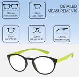 Dimensions and Measurements Illustration of Prive Revaux Plato Designer Blue Light Blocking Eyeglasses in Dark Chocolate Lime Green Unisex Round Full Rim Acetate 49 mm