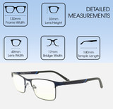 Dimensions and Measurements Illustration of Prive Revaux Spinoza Designer Blue Light Blocking Eyeglasses in Midnight Blue Unisex Rectangular Full Rim Metal 49 mm