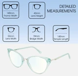 Dimensions and Measurements Illustration of Prive Revaux Modern Designer Blue Light Blocking Eyeglasses in Baby Blue Ladies Cat Eye Full Rim Acetate 53 mm