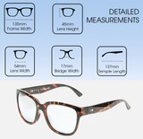 Dimensions and Measurements Illustration of OTIS Odyssey Designer Progressive Lens Blue Light Blocking Eyeglasses in Ochre Havana Tortoise Ladies Cat Eye Full Rim Acetate 54 mm