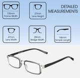 Dimensions and Measurements Illustration of Elton John Bullet Designer Blue Light Blocking Eyeglasses in Black Crystal Unisex Rectangular Full Rim Acetate 47 mm