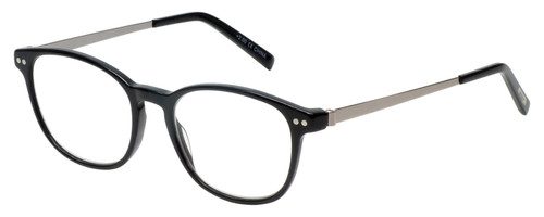 Profile View of Eyebobs Kibitzer Designer Blue Light Blocking Eyeglasses in Gloss Black Silver Unisex Round Full Rim Metal 48 mm