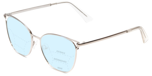 Profile View of Book Club Dutiful Scammed Designer Progressive Lens Blue Light Blocking Eyeglasses in Gloss Silver Ladies Cat Eye Full Rim Metal 55 mm