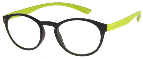 Profile View of Prive Revaux Plato Designer Blue Light Blocking Eyeglasses in Dark Chocolate Lime Green Unisex Round Full Rim Acetate 49 mm