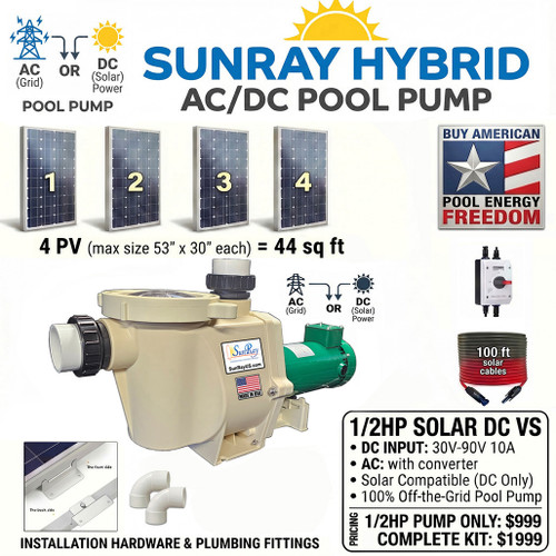 0.5HP Solar Pool Pump - SunRay SolFlo05HP Solar Variable Speed Pool Pump - Made in the USA