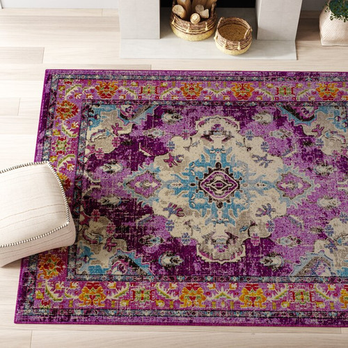 Indira Oriental Area Rug in Violet/Off-White/Teal