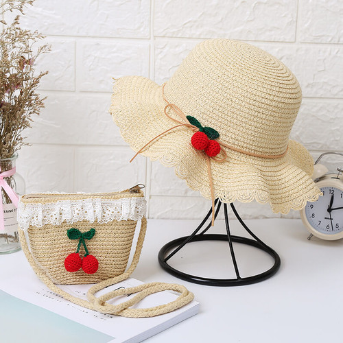 Cherry straw hat & bag set for kids on table