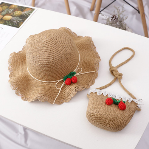 Cherry straw hat & bag set-Brown