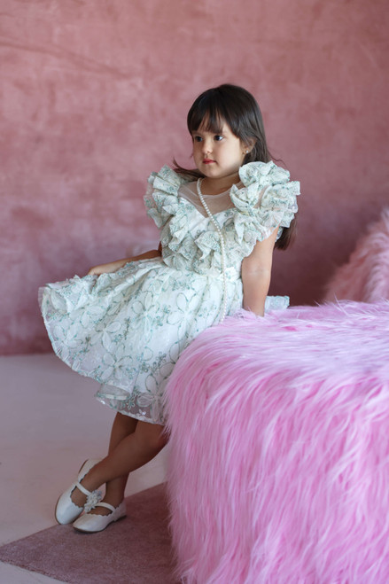 model wearing embroidered dress