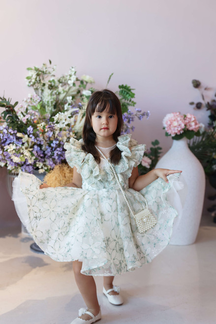 model wearing embroidered dress