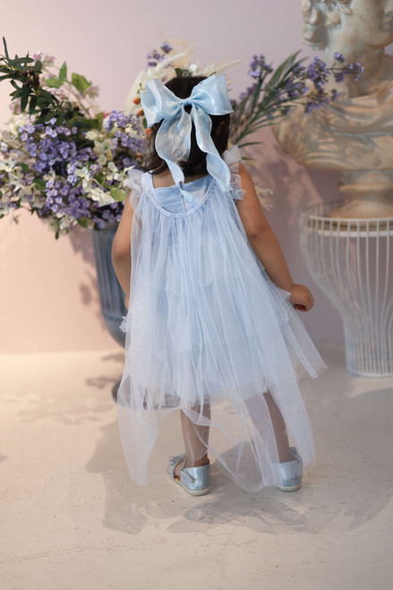 model wearing blue dress back