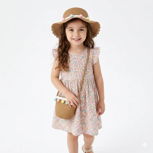 Pom-pom hat & bag set for kids-Brown