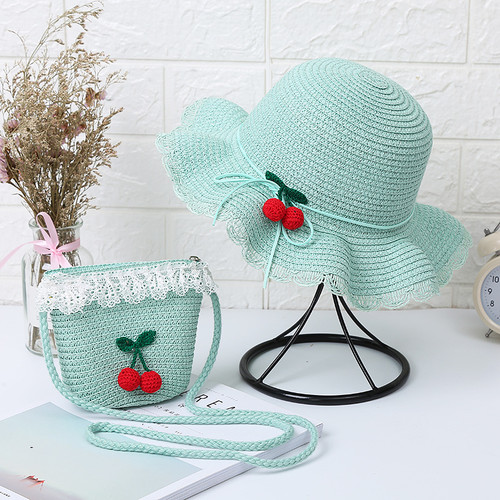 Cherry straw hat & bag set-Blue