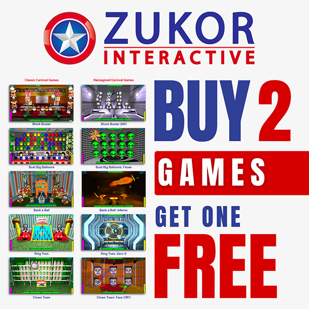 Zukor Interactive logo with text Buy 2 Games Get One Free and small game screenshots arranged in a grid
