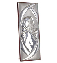 Italian Sterling Silver Rectangle Mother & Child Religious Icon On Chery-wood Back Italian Sterling Silver Rectangle Mother & Child Religious Icon On Chery-wood Back