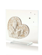 Elegant white glass plaque with a heart and bird design, ideal for communion favors celebrating love and connection.