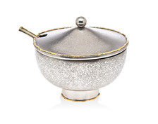 golden frost sugar bowl with lid and spoon gold trim elegant corporate gift 6x5.5x4.5 inches