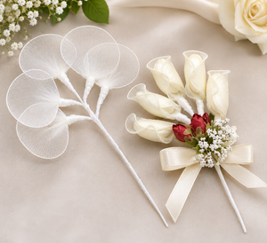 Ivory Italian Wedding Favor Decorations with White Mesh Flowers and Satin Ribbon for Weddings and Bridal Showers