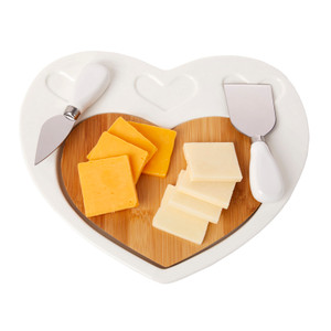 Heart shaped porcelain serving tray with bamboo insert and cheese knives, elegant wedding favor gift and bridal shower keepsake
