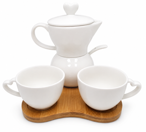 Elegant white sugar and creamer set with two espresso cups, perfect as charming wedding favors for guests to cherish.