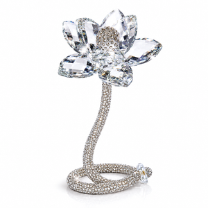 Swarovski crystal lotus flower wedding favor standing display with sparkling clear petals and rhinestone stem on white background